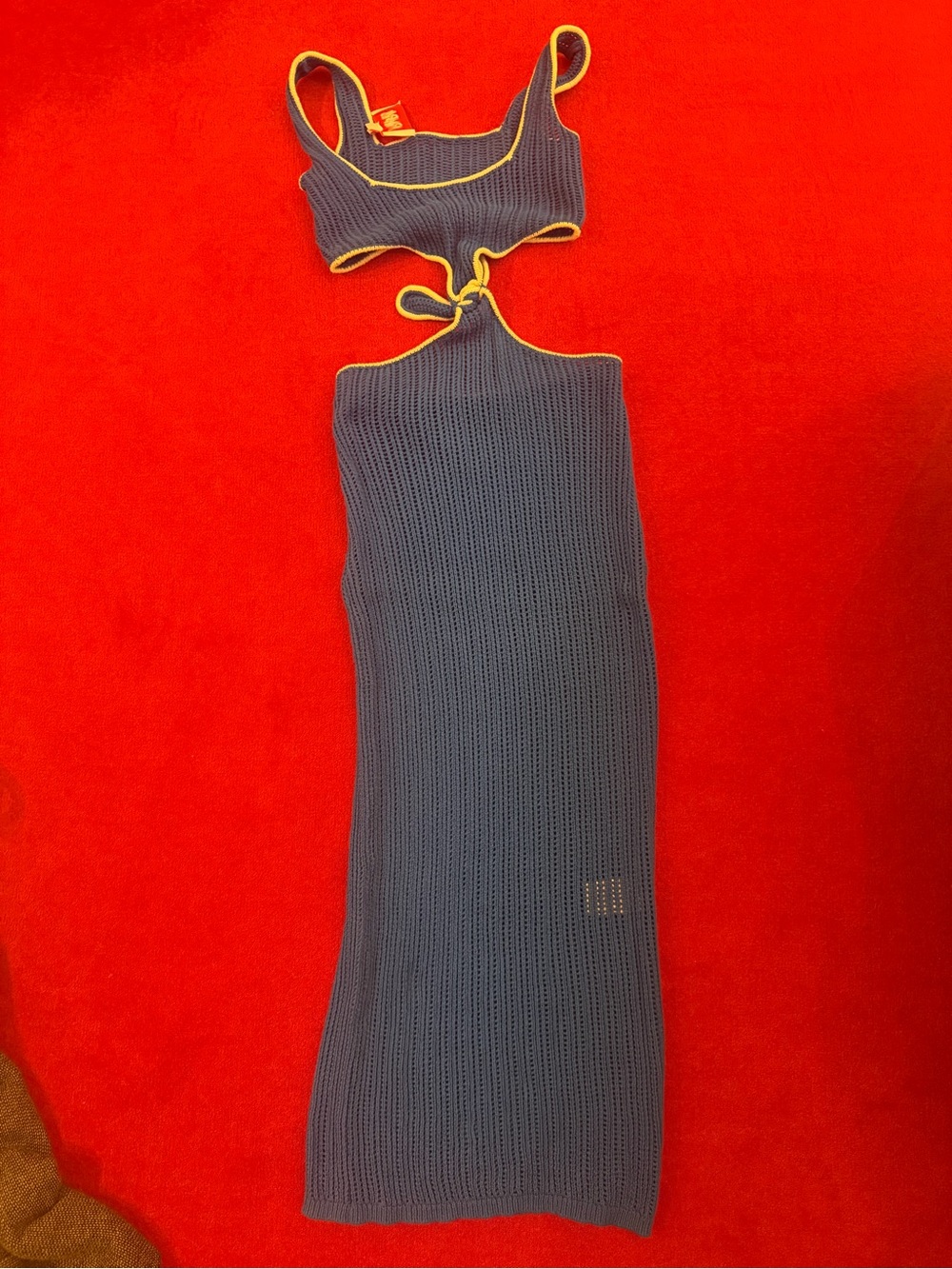 SOLID & STRIPED Blue Knit Midi Dress with Yellow Trim